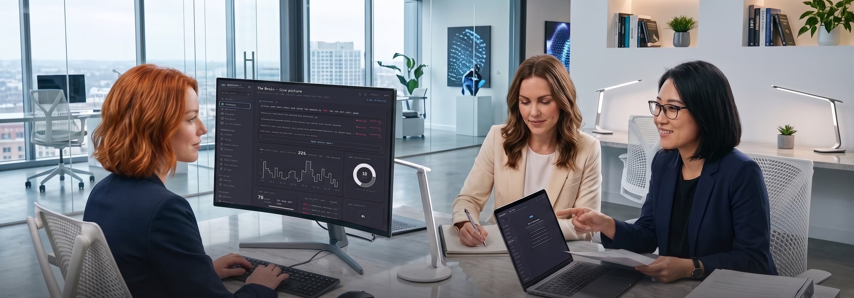 Bo and Penn working alongside a bOpen colleague: the Brain live dashboard on screen, agent throughput charts, and a scope review in progress.