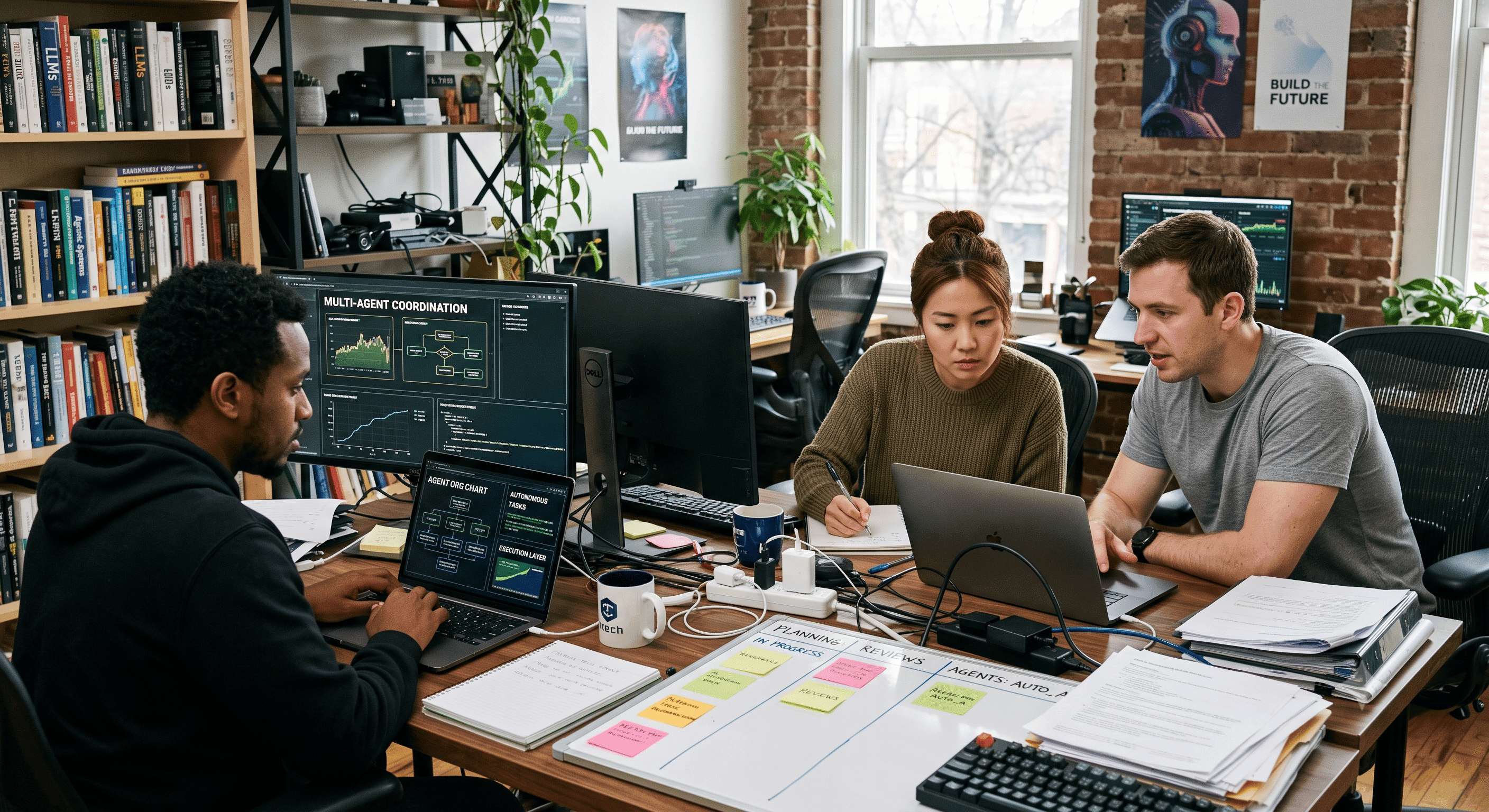 The bOpen team building agent systems: multi-agent coordination on screen, an agent org chart, and a planning board tracking work in progress.